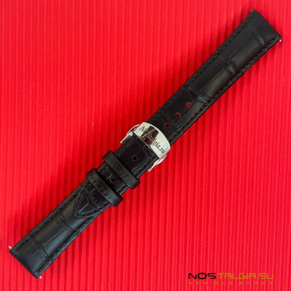 Branded watch strap, black color, genuine leather - 18 mm